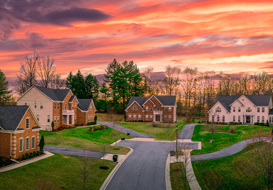 Sunset over U.S. houses on culdesac